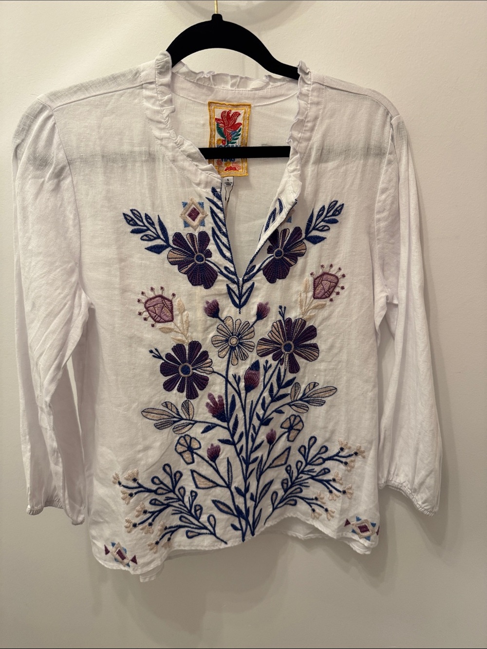 Johnny Was White Tunic with Blue and Purple Floral Embroidery